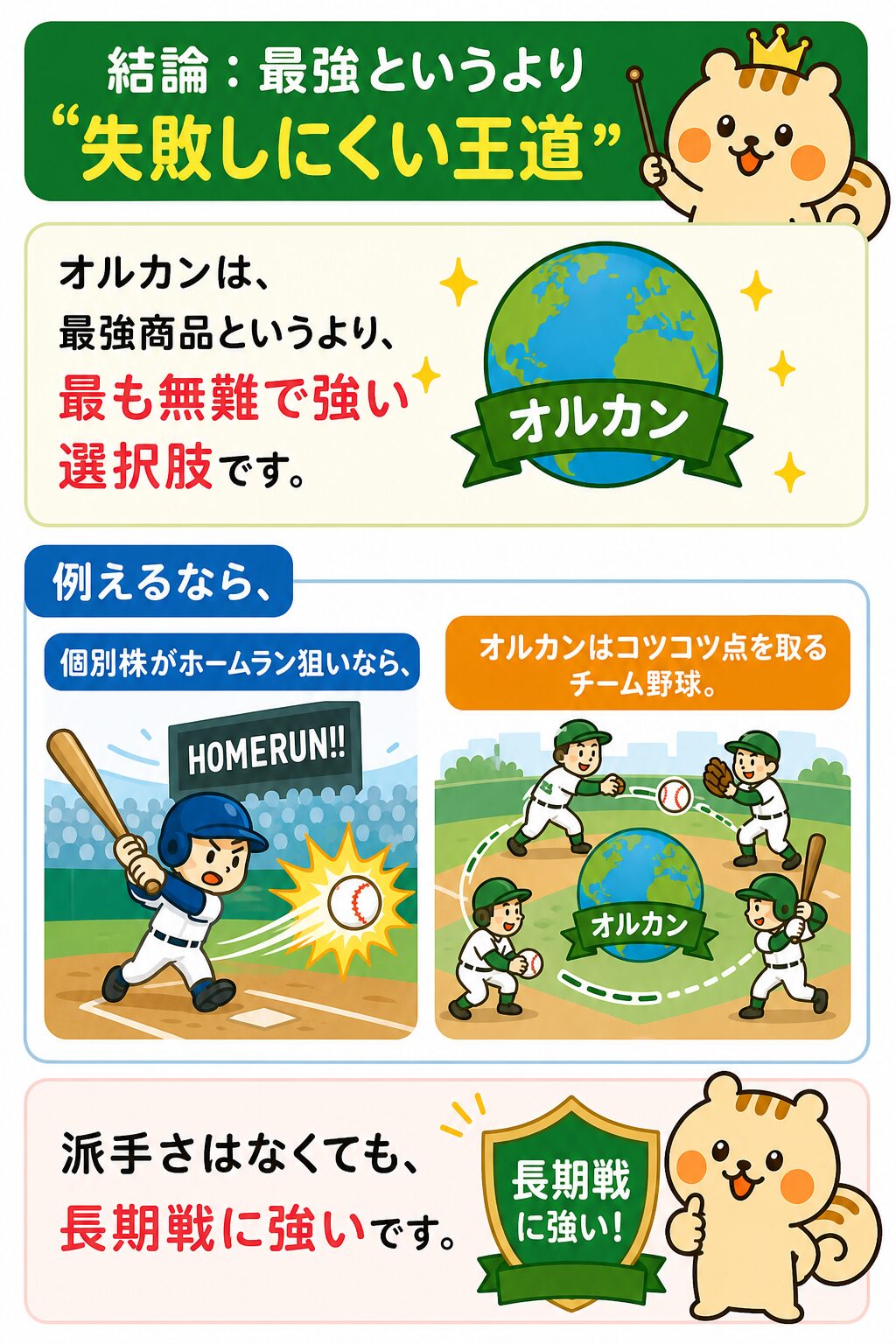 まとめ：オルカンは最強というより失敗しにくい王道。個別株がホームラン狙いなら、オルカンはコツコツ点を取るチーム野球。派手さはなくても長期戦に強い