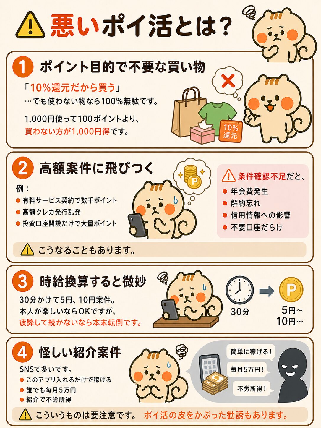悪いポイ活とは?ポイント目的の不要な買い物・高額案件・時給換算で微妙・怪しい紹介案件