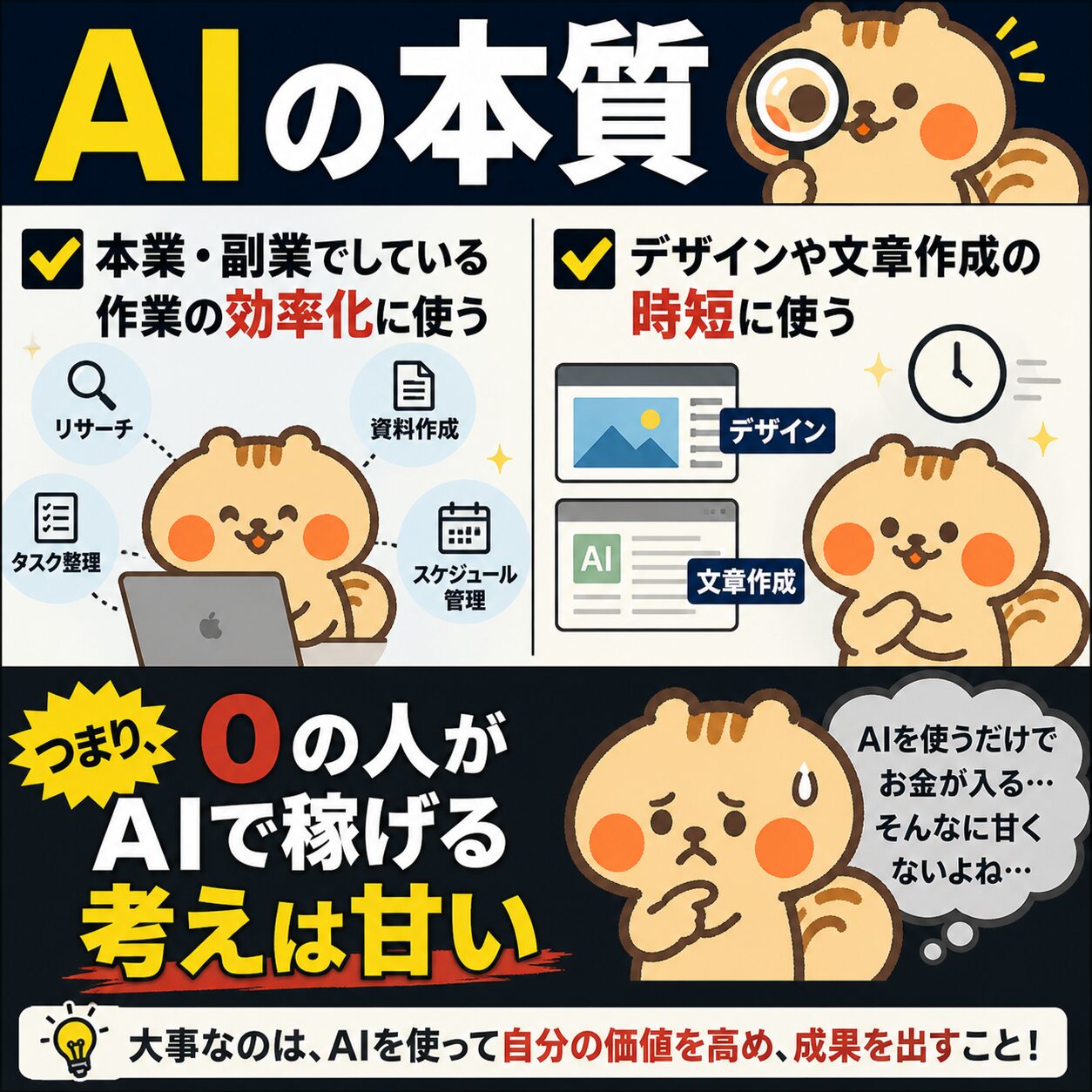 AIの本質：効率化・時短ツール。0の人がAIで稼げる考えは甘い