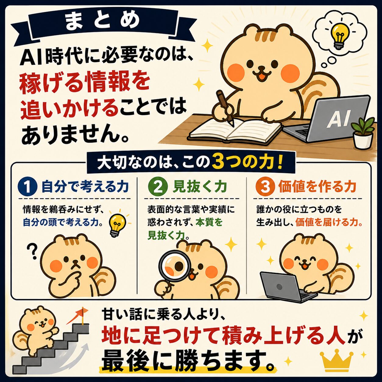 まとめ：自分で考える力・見抜く力・価値を作る力。地に足つけて積み上げる人が勝つ