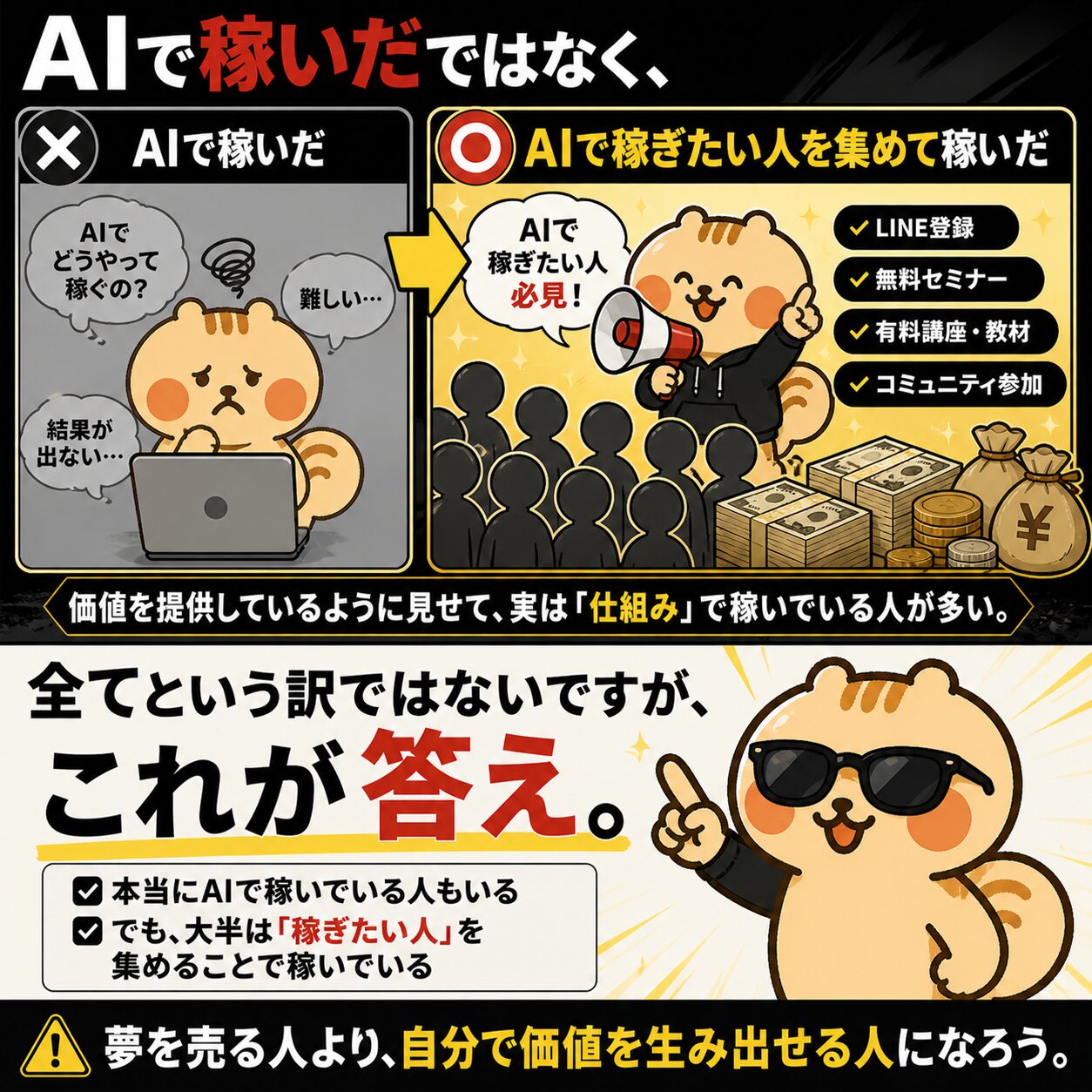 AIで稼いだのではなく、稼ぎたい人を集めて稼いだ。これが答え。